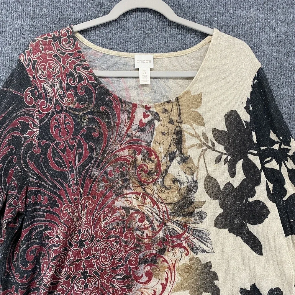 Chicos Sweater Womens XL Floral Watercolor Asymmetrical Artsy Abstract Casual